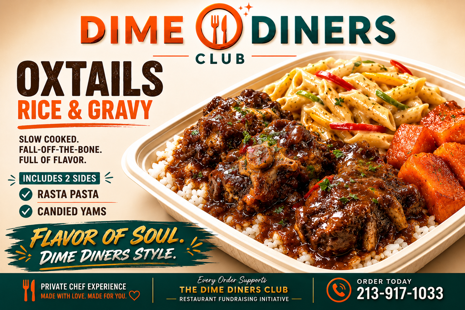 Oxtails Rice and Gravy meal with Rasta Pasta and Candied Yams